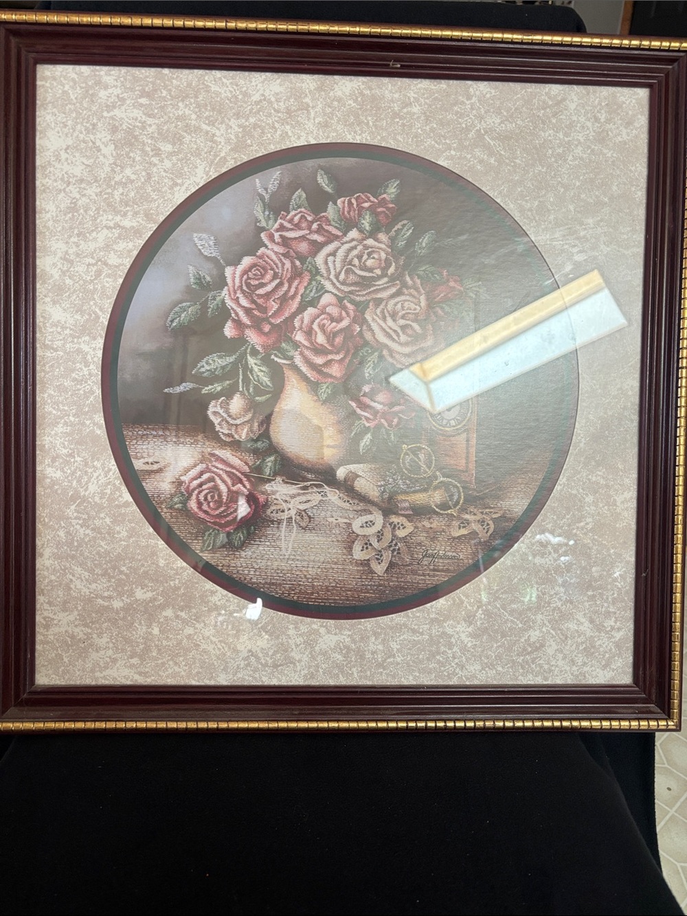 Vintage “Timeless Beauty” 18.5 Sq Framed Matted Roses Clock Jan Anderson